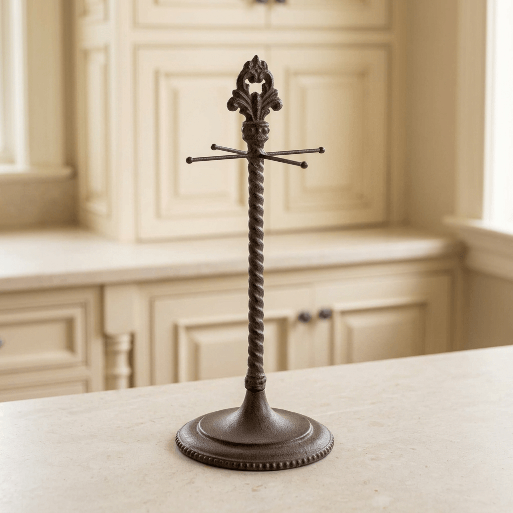 Empty Bellavita measuring cup holder on a pale stone counter in a cream kitchen