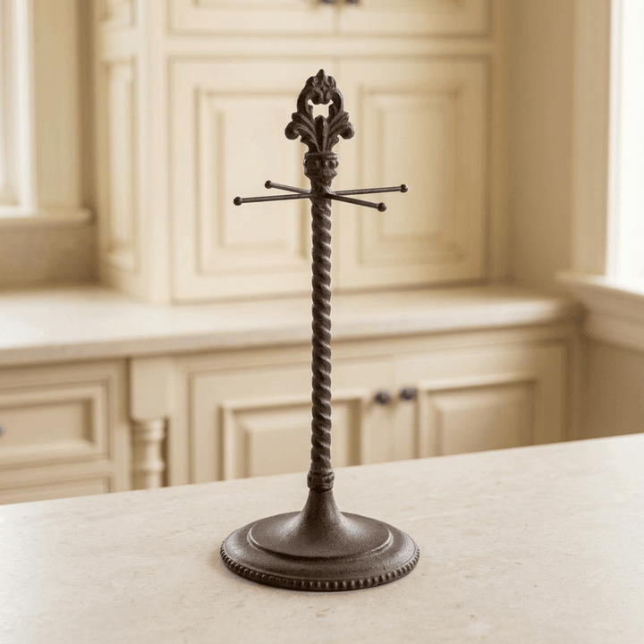 Empty Bellavita measuring cup holder on a pale stone counter in a cream kitchen