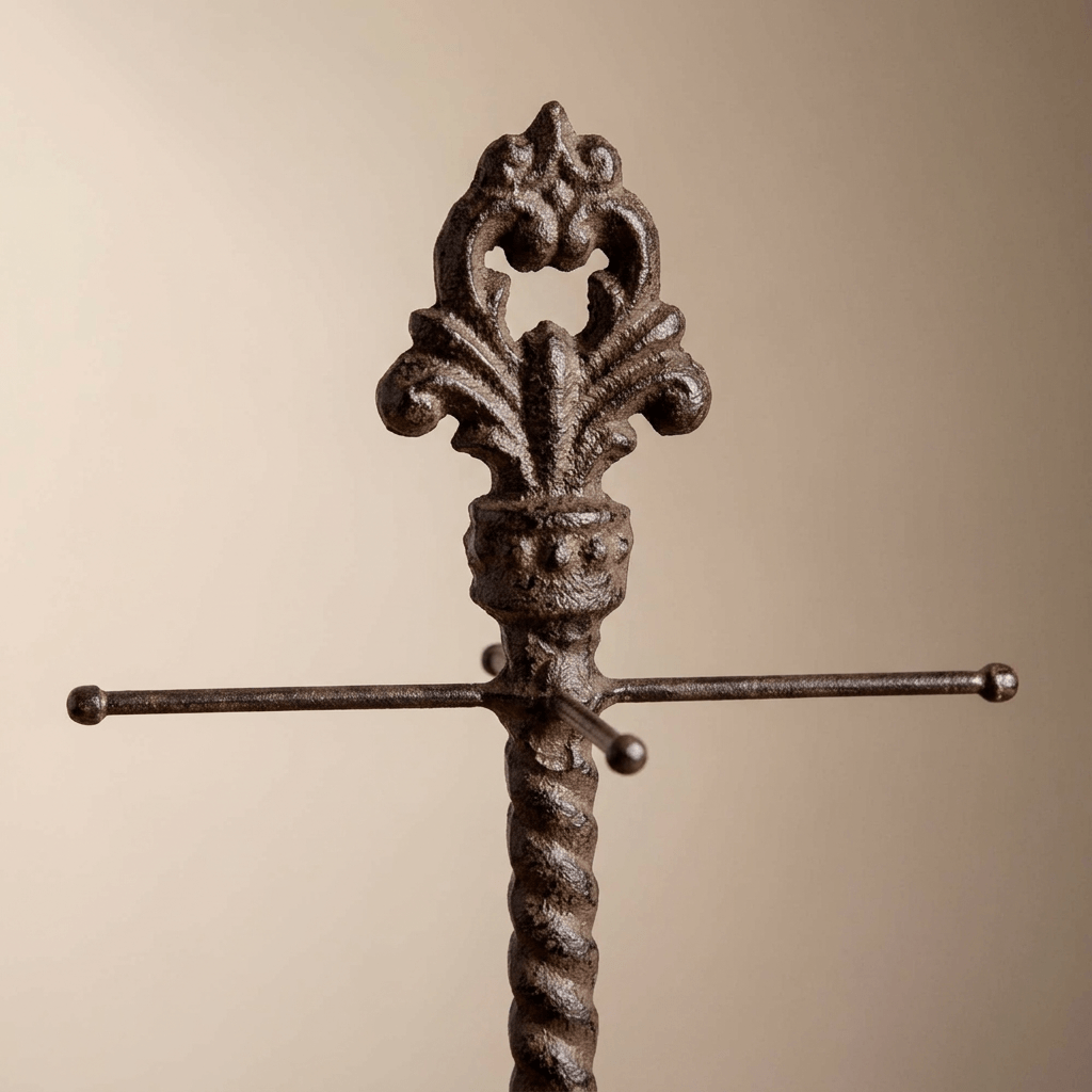 Close-up of the Bellavita measuring cup holder's fleur-de-lis finial, ball-ended arms and twisted metal stem