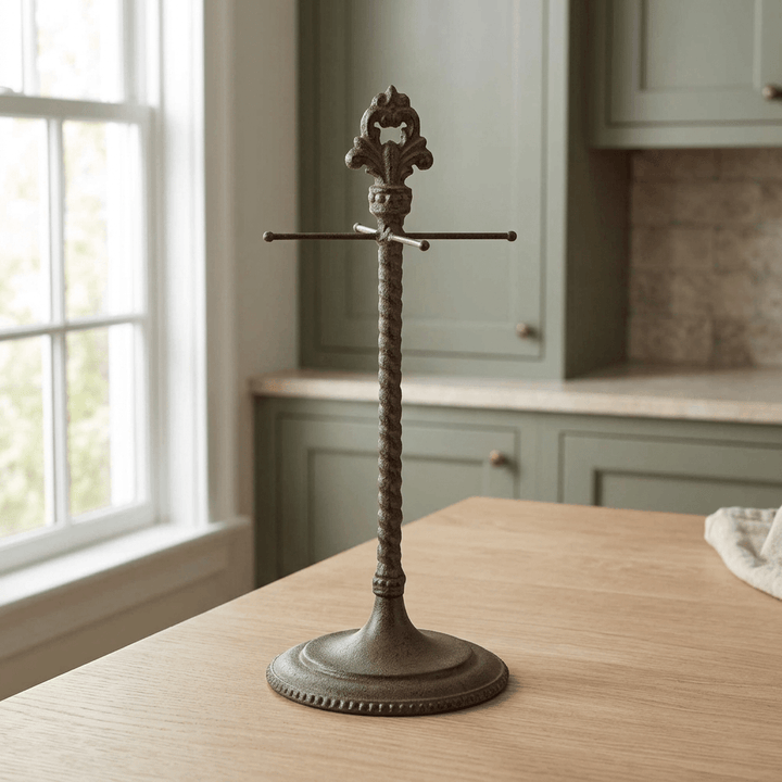 Empty Bellavita measuring cup holder on a light oak island with sage kitchen cabinetry behind