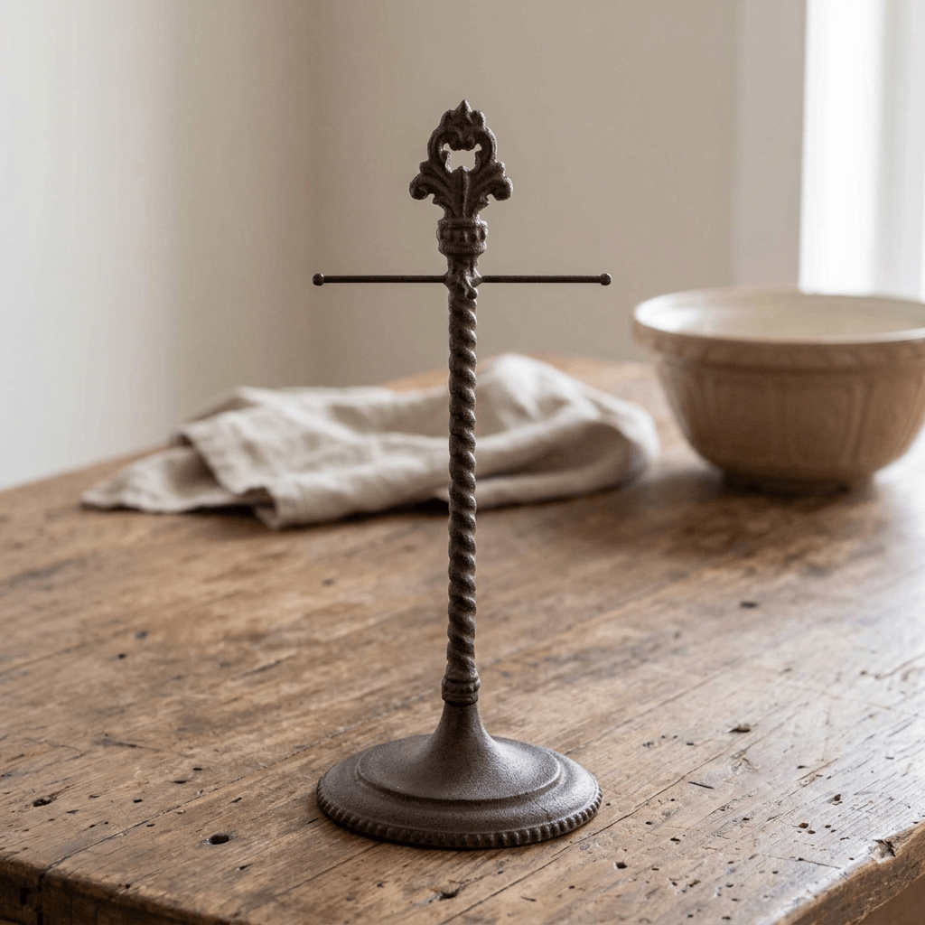 Bellavita measuring cup holder displayed empty on a wooden baking table with linen and a bowl behind