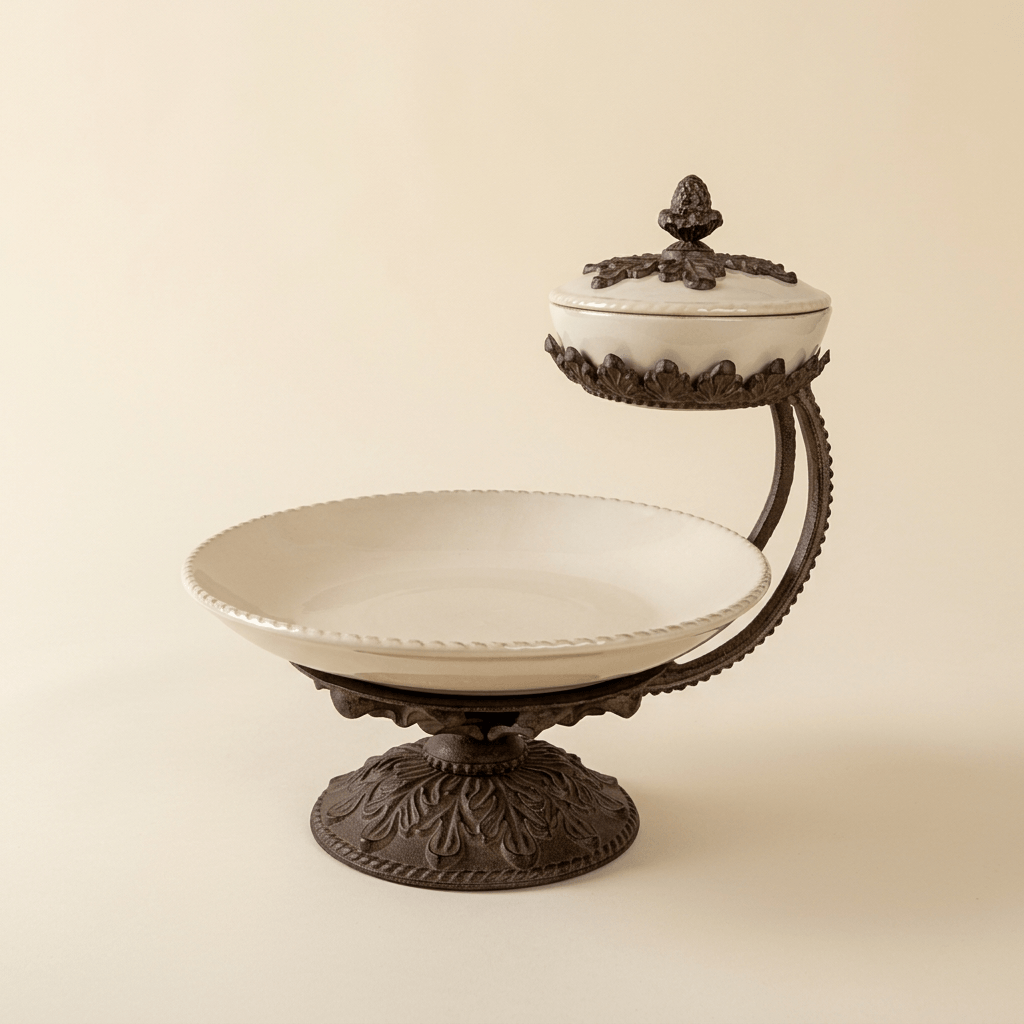 Bellavita cream stoneware chip and dip server with ornate dark metal pedestal on an ivory background