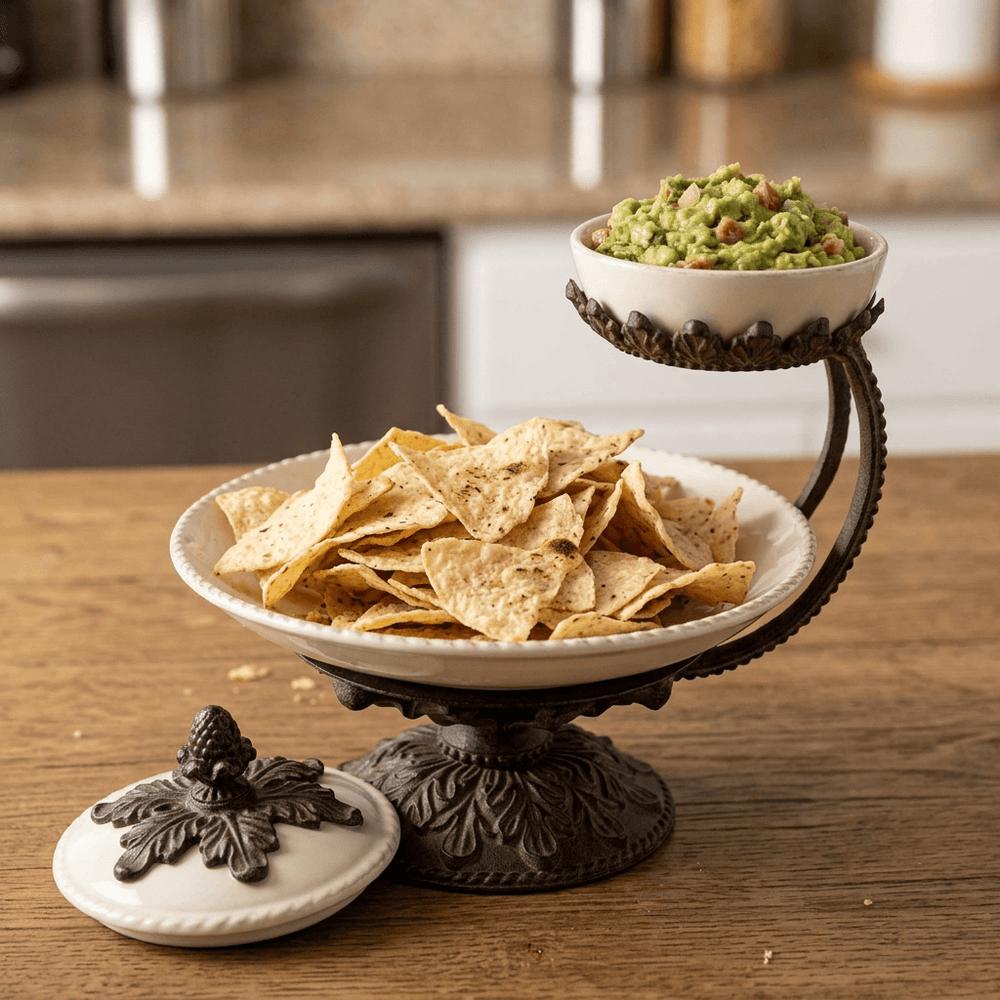 Tortilla chips and guacamole in the Bellavita server with the decorative dip bowl lid placed alongside