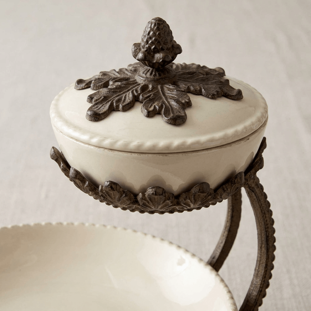 Close-up of the Bellavita server's cream lidded dip bowl, acanthus metalwork and ornamental finial