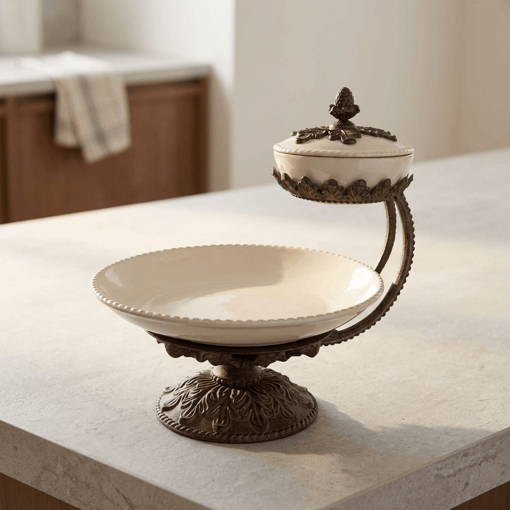 Bellavita cream stoneware server with elevated lidded dip bowl on a pale kitchen island