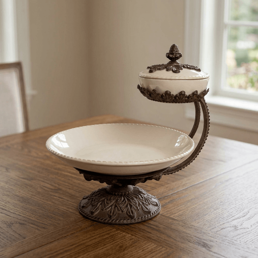 Bellavita chip and dip server on a wooden dining table in natural window light