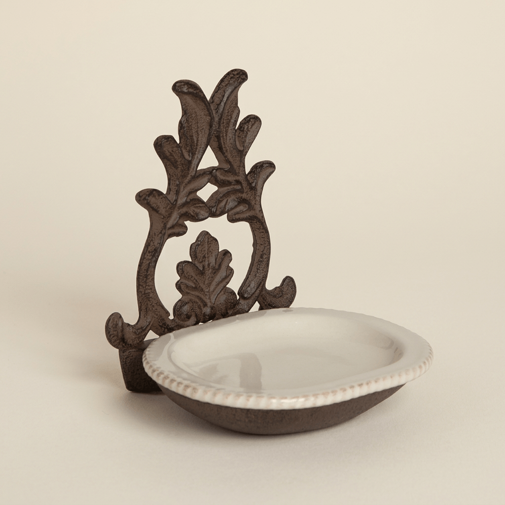 Bellavita cream ceramic soap dish with upright dark brown acanthus metalwork on an ivory background