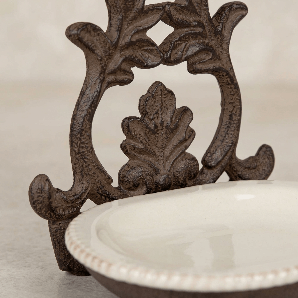 Close-up of Bellavita soap dish acanthus metal detailing and textured cream ceramic rim
