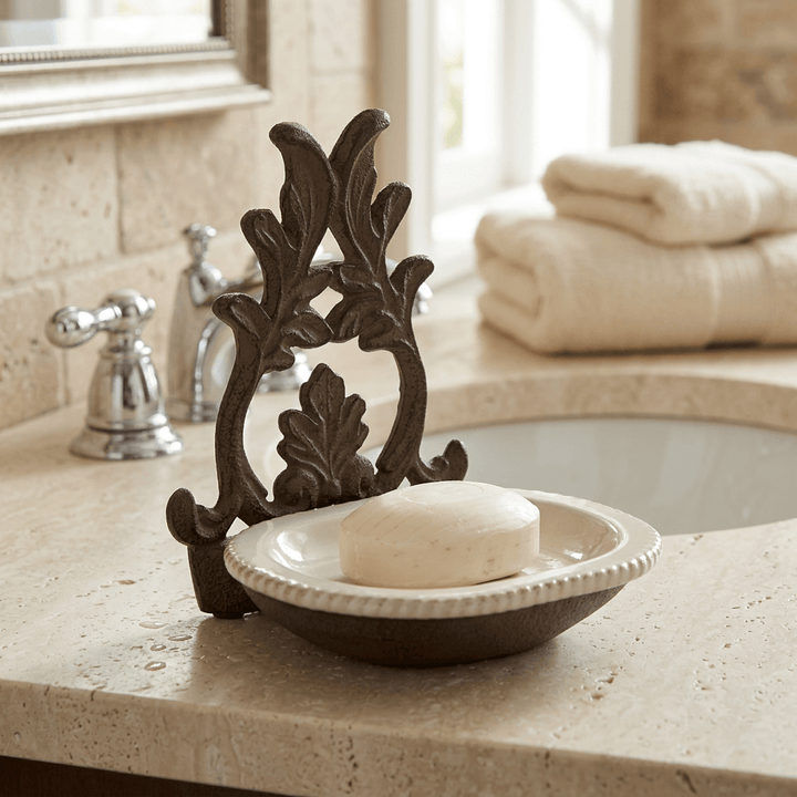 Bellavita soap dish holding an ivory soap bar beside a bathroom sink