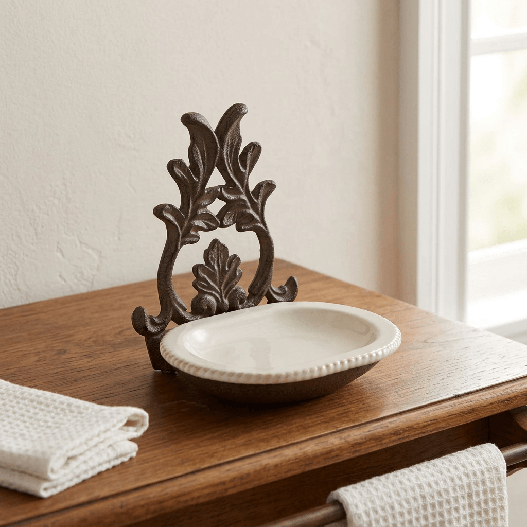 Bellavita soap dish on a wooden guest bathroom washstand with white towels