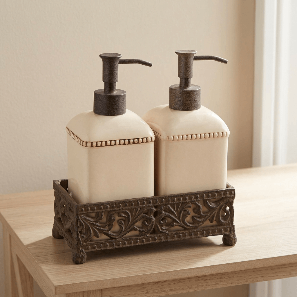 Two cream pump dispensers in their footed decorative metal base on a pale wooden console