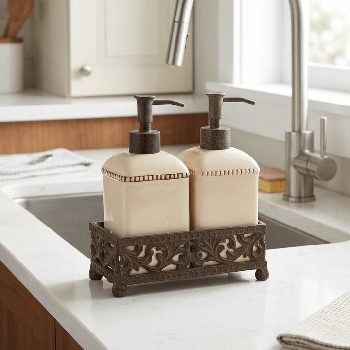 Cream pump dispenser pair in a dark scrollwork holder beside a kitchen sink