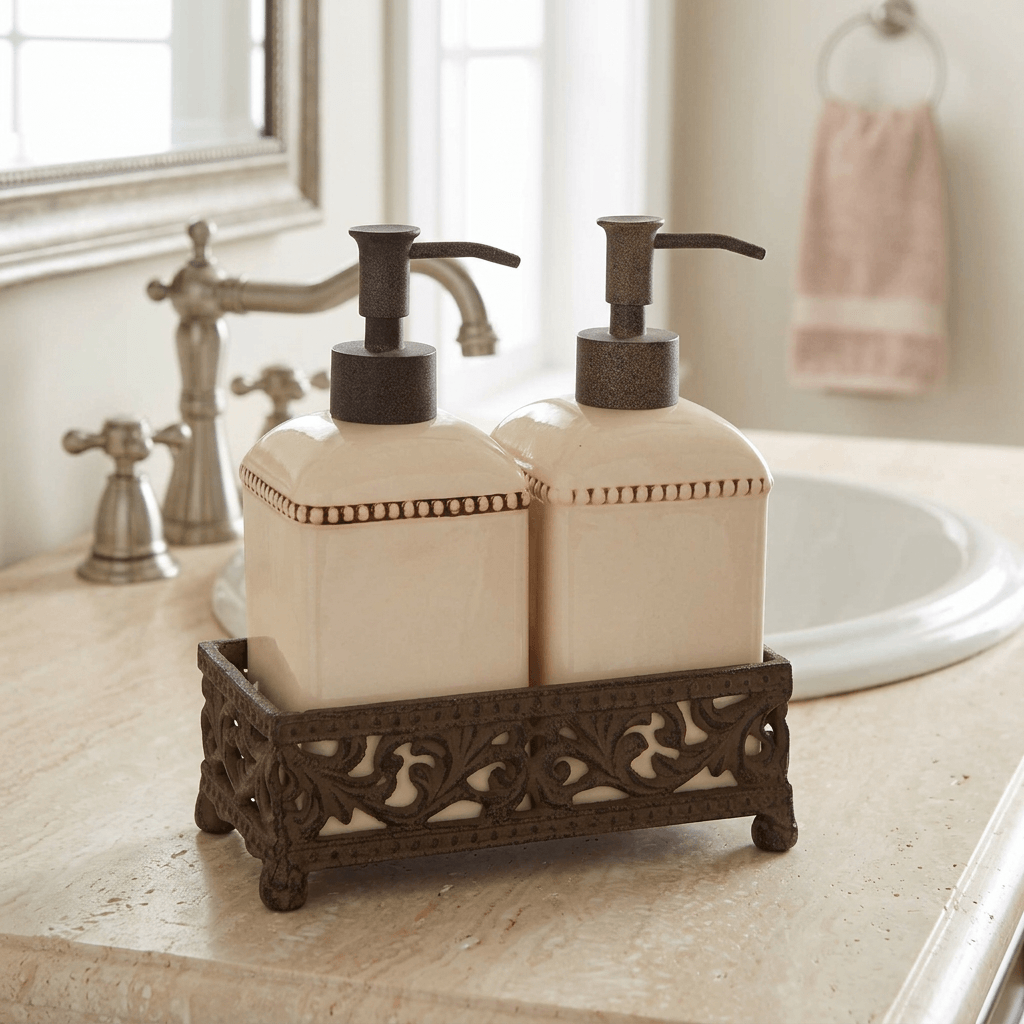 Cream soap and lotion dispenser set beside a bathroom sink on a stone vanity