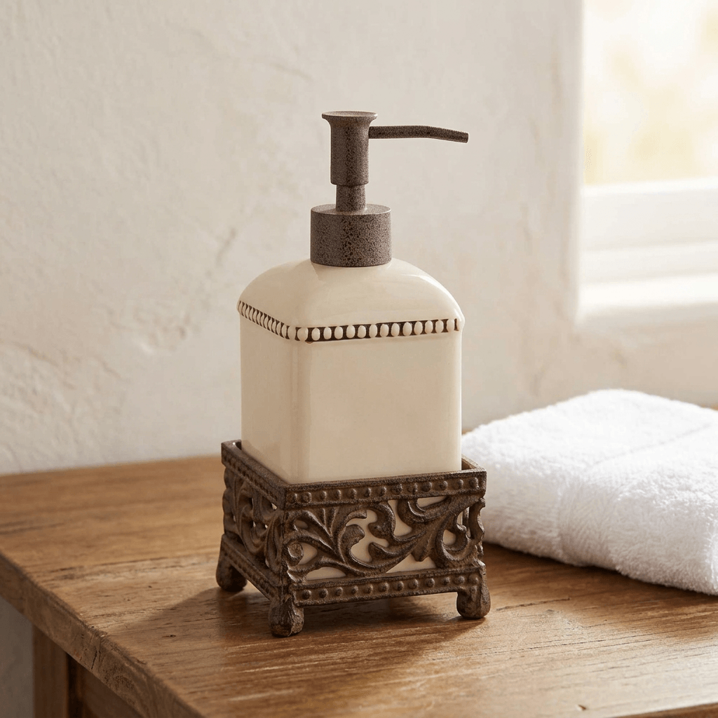 Bellavita cream dispenser on a wooden guest bathroom washstand beside a white towel