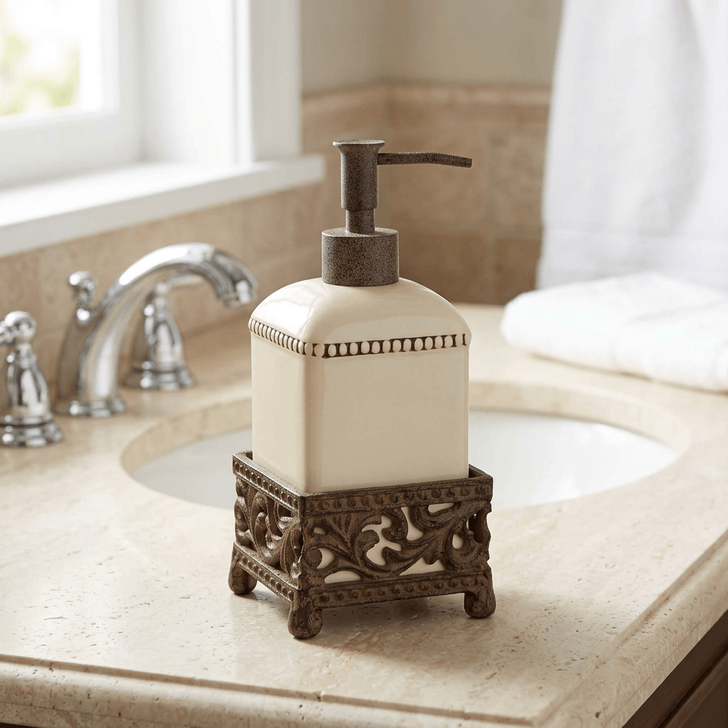 Bellavita cream soap dispenser beside a bathroom sink on a pale stone vanity