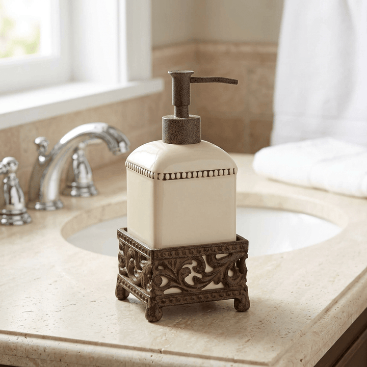 Bellavita cream soap dispenser beside a bathroom sink on a pale stone vanity