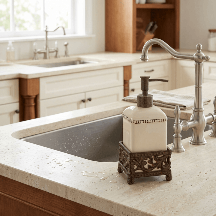 Bellavita cream pump dispenser with ornate brown base beside a kitchen sink