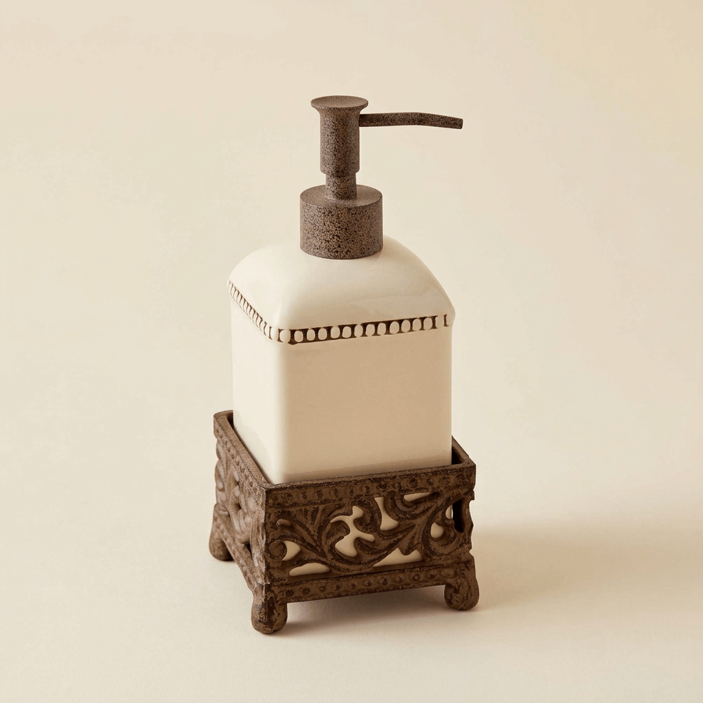 Cream Bellavita pump dispenser in an ornate brown metal holder on an ivory studio background