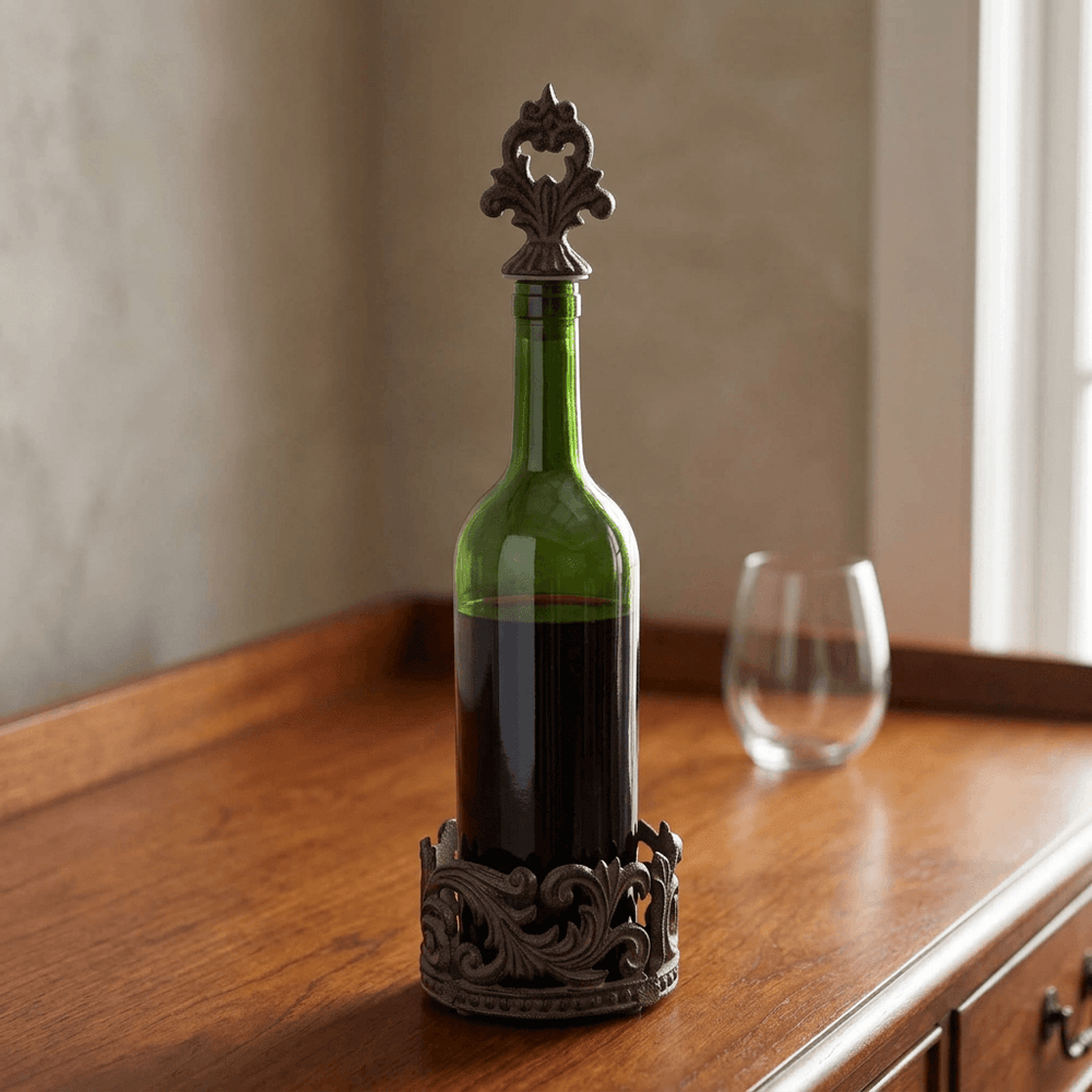 Wine bottle displayed in the Bellavita acanthus holder with matching stopper on a home bar sideboard