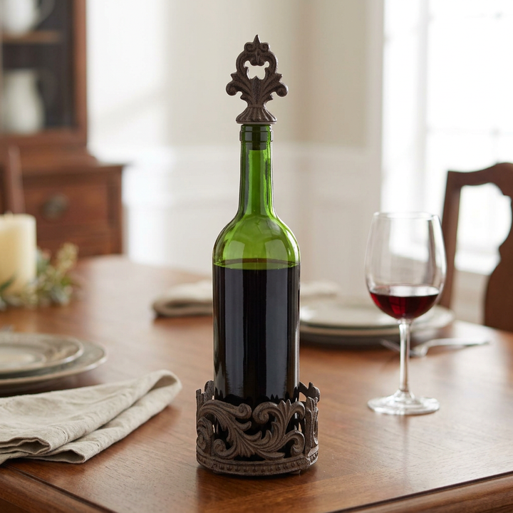 Bellavita holder and stopper styled with a green wine bottle on a wooden dining table