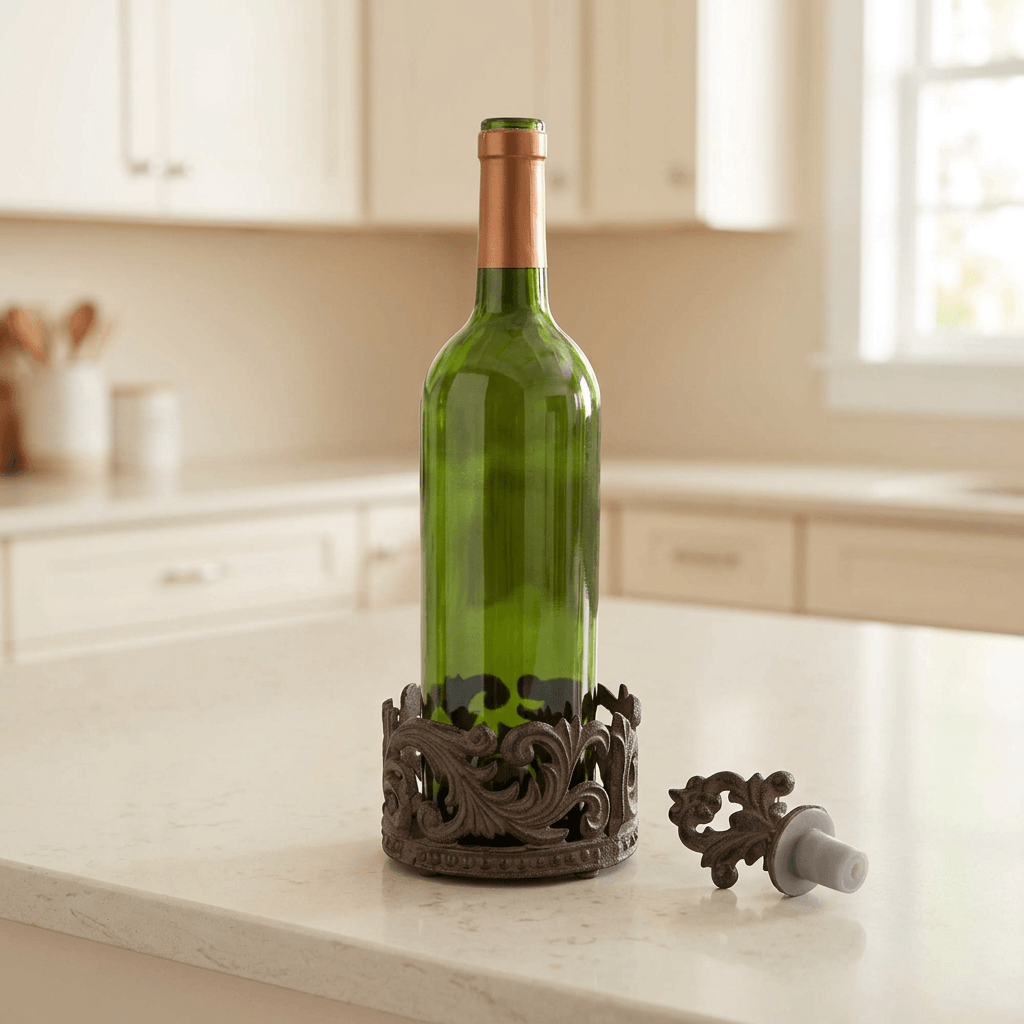Bellavita wine holder around a green bottle with the matching stopper beside it on a cream kitchen island
