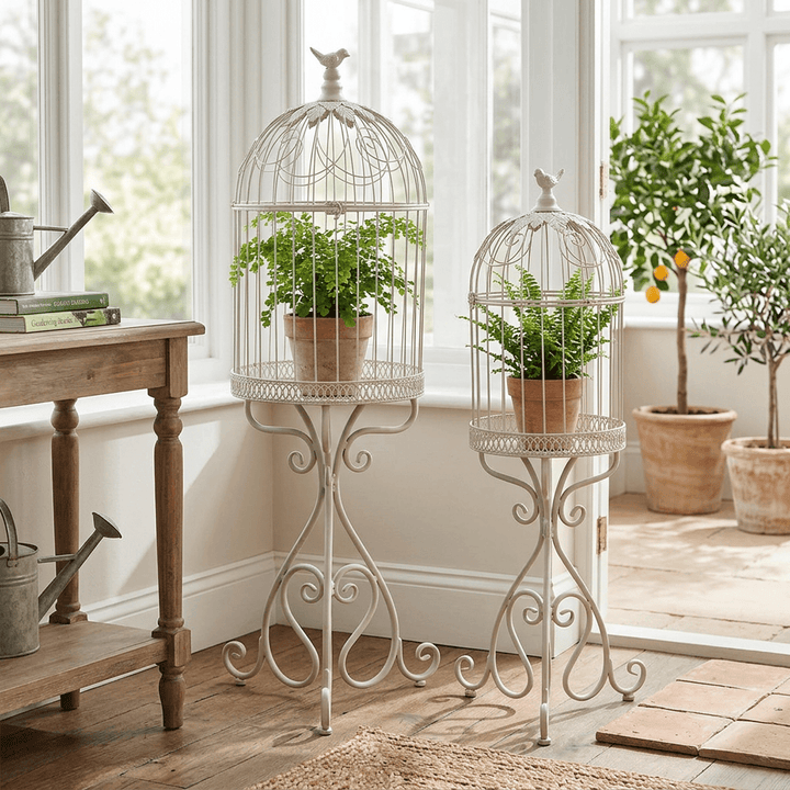 Soft-white birdcage planter pair holding separately potted ferns beside a sunroom window.