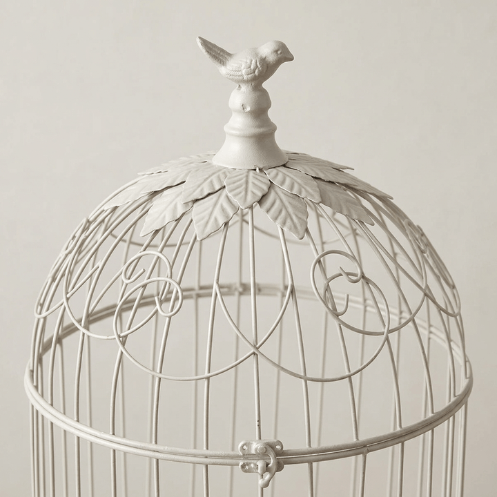 Close view of a songbird finial and curved wire dome on a soft-white iron birdcage planter.