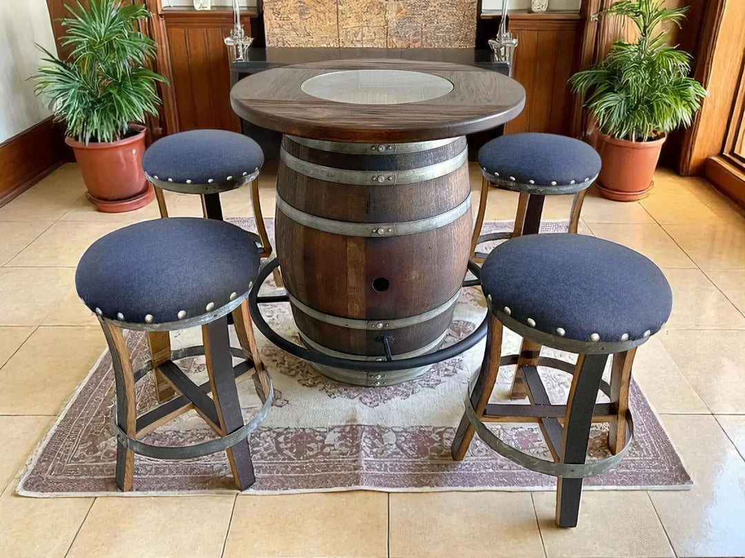 Reclaimed Oak Wine Barrel Bistro Table Set with Bar Stools