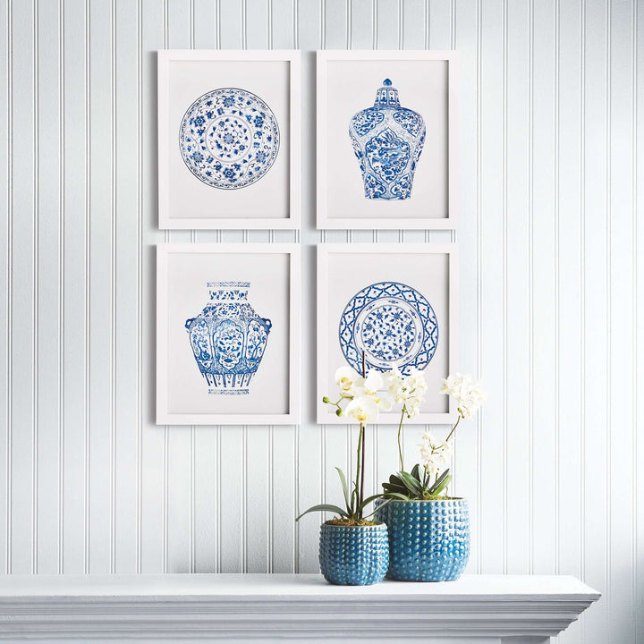 Blue and White Chinoiserie Ginger Jar and Plate Prints hung up on white wall