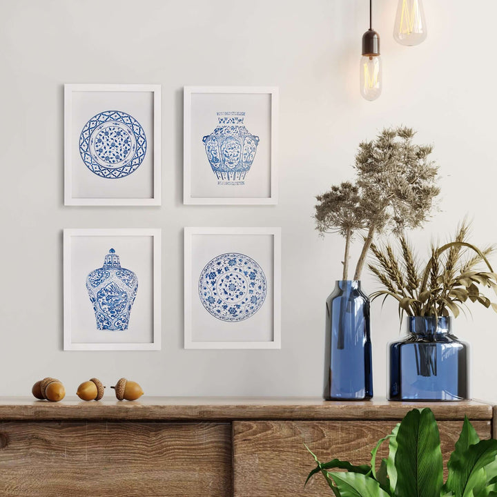 Blue and White Chinoiserie Ginger Jar and Plate Prints hung on wall along with other decorative items