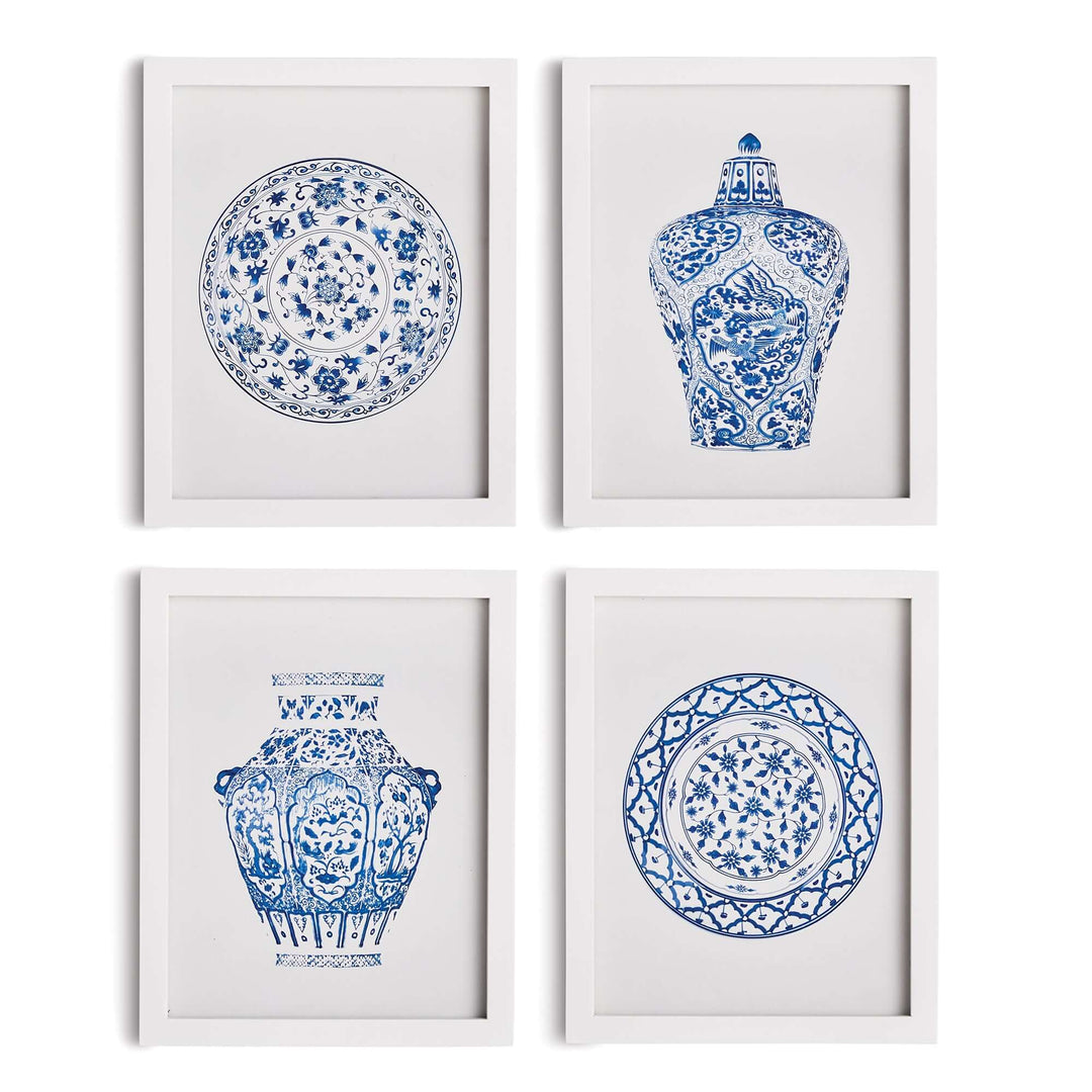 Blue and White Chinoiserie Ginger Jar and Plate Prints hung on white wall