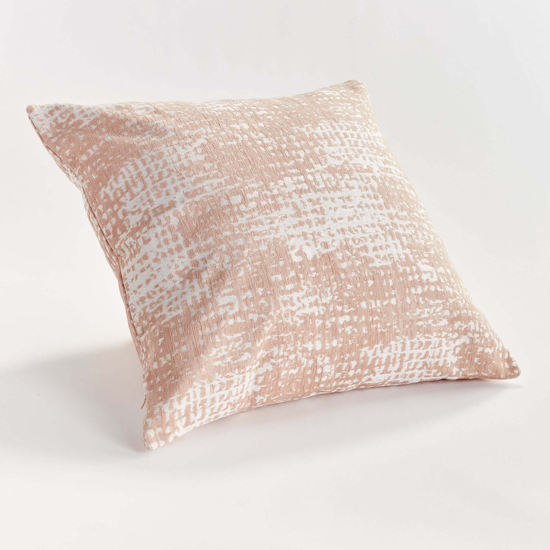 Blush Square Jacquard Indoor Outdoor Throw Pillow on white surface