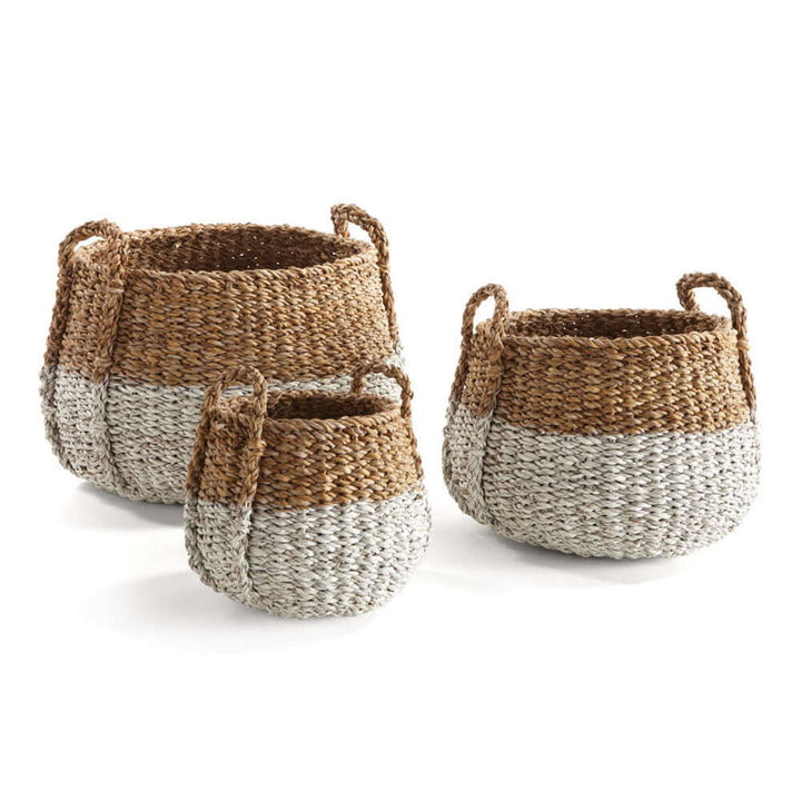 Boho Coastal Storage Baskets with Handles in front of a white background