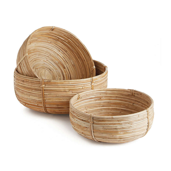 Boho Round Cane Rattan Nesting Bowls on a white background
