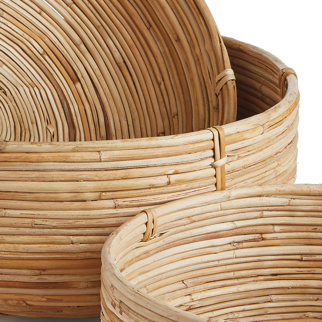 closeup of Boho Round Cane Rattan Nesting Bowls