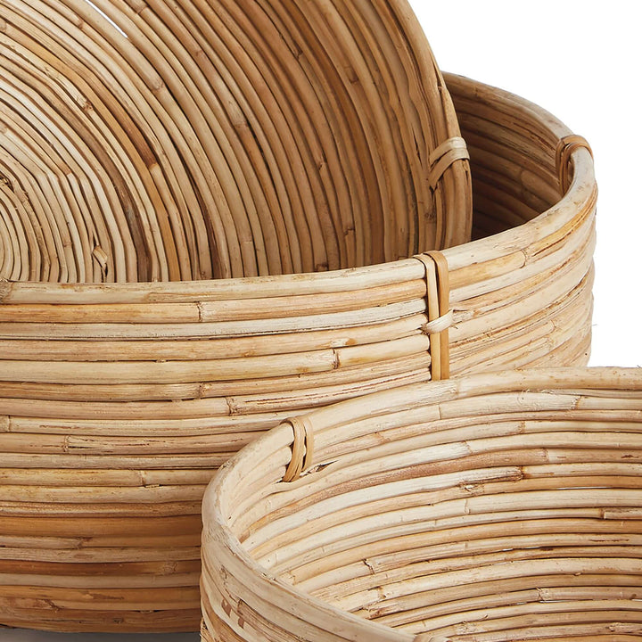 closeup of Boho Round Cane Rattan Nesting Bowls