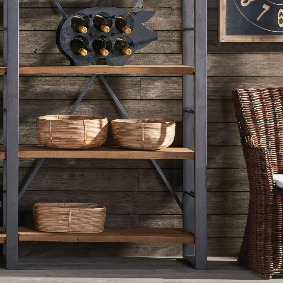 Boho Round Cane Rattan Nesting Bowls placed on a shelf