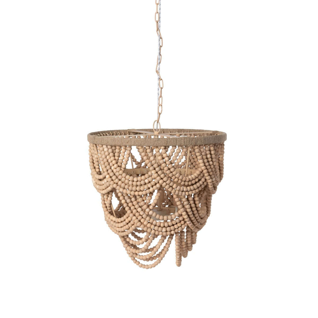 Beaded chandelier hanging against a white background