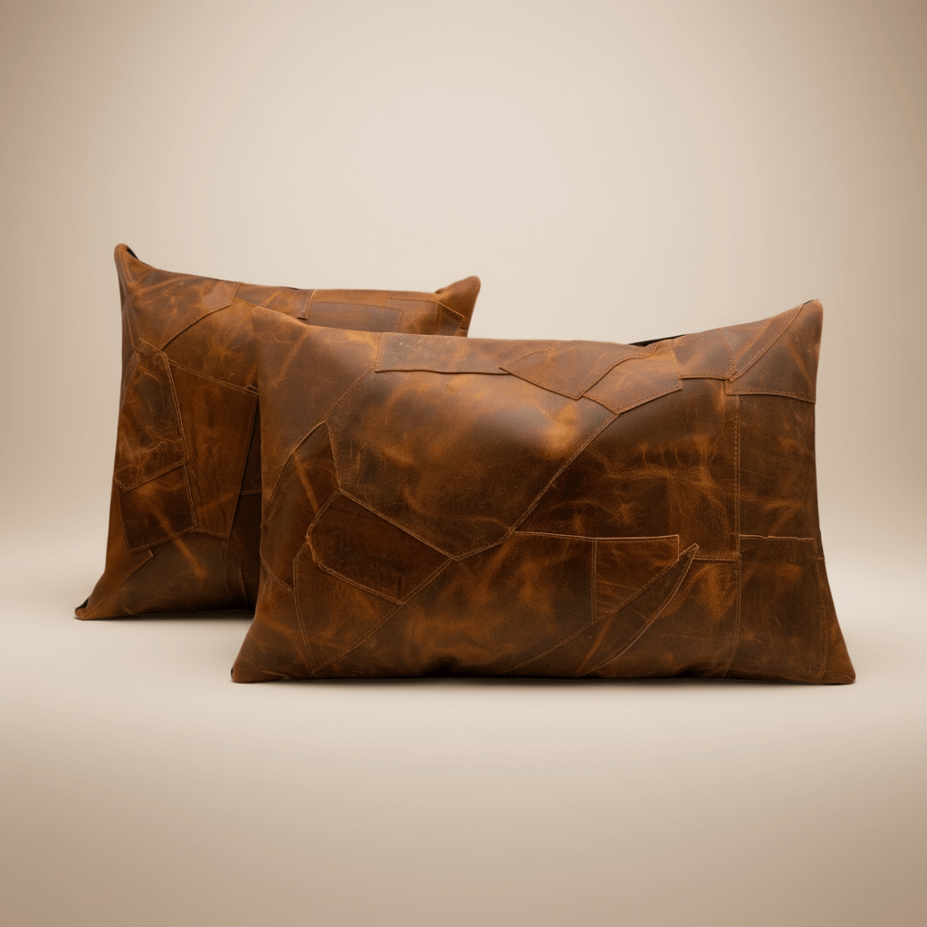 Two brown leather pillows on a beige background
