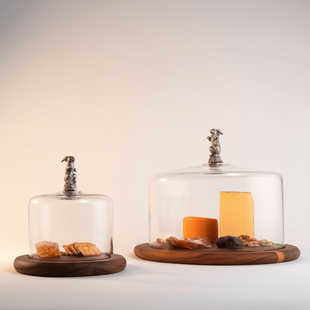 Two glass food display cloches with wooden bases on a white surface.