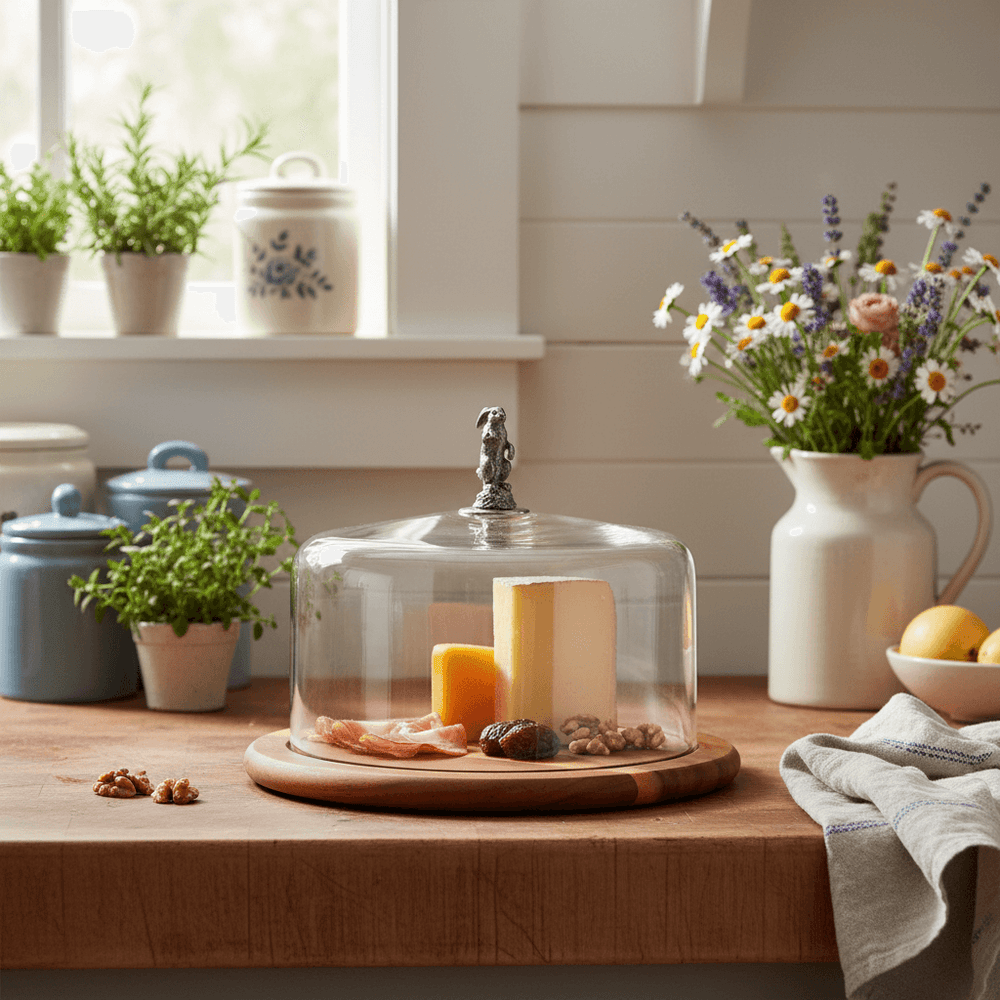 Glass dome with food on a wooden table in a kitchen setting