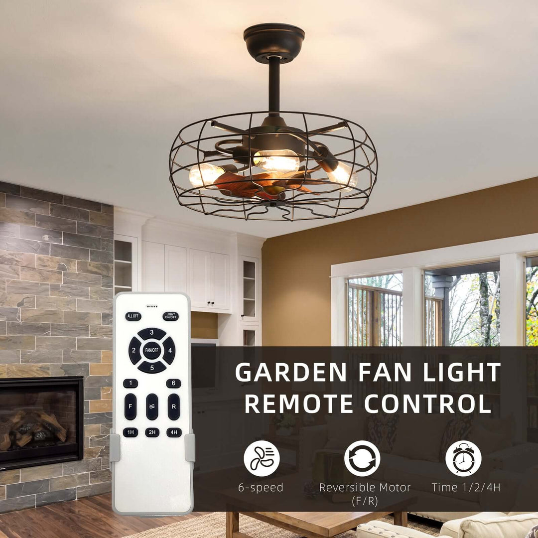 Ceiling fan with light fixture and remote control in a living room setting