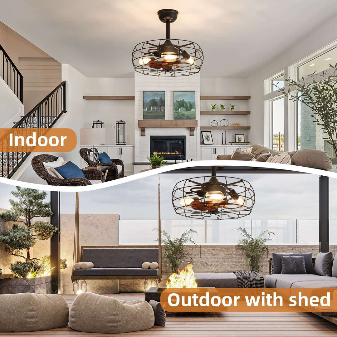 Living room interior with a ceiling fan, indoor and outdoor settings shown.