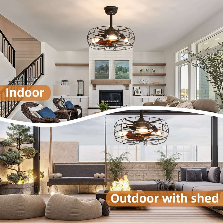 Living room interior with a ceiling fan, indoor and outdoor settings shown.