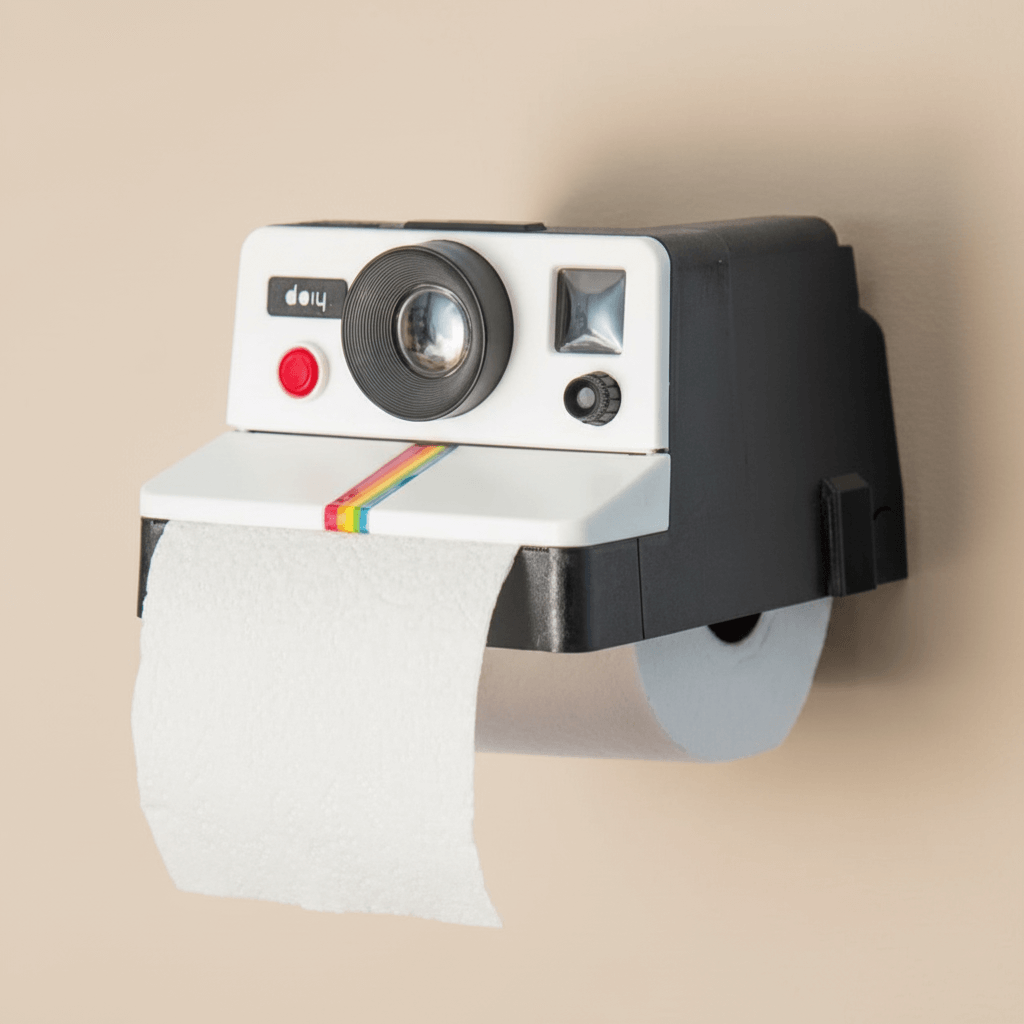 Polaroid camera-shaped toilet paper holder on a beige wall