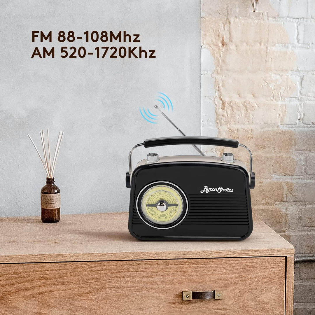 Vintage-style radio on a wooden surface with a neutral background