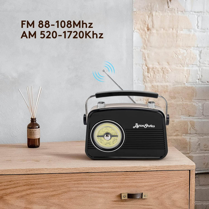 Vintage-style radio on a wooden surface with a neutral background