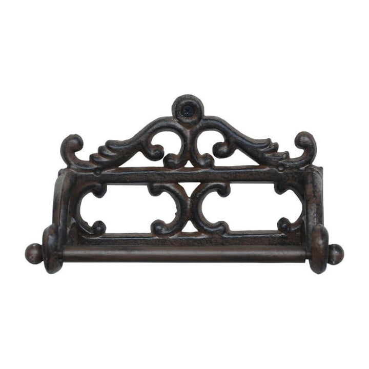 Antique-Style Cast Iron Toilet Paper Holder with intricate design on a white background