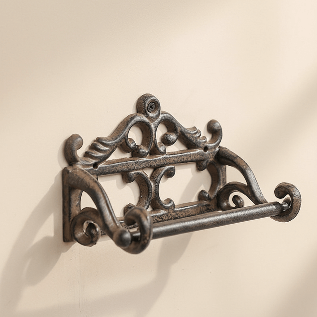 Black Antique-Style Cast Iron Toilet Paper Holder on a beige background