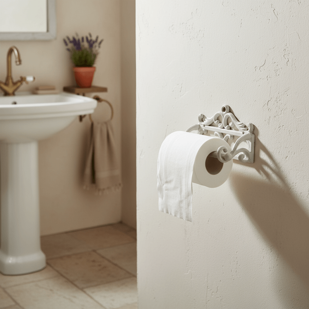 Decorative toilet paper holder on a bathroom wall with a sink and plant in the background.